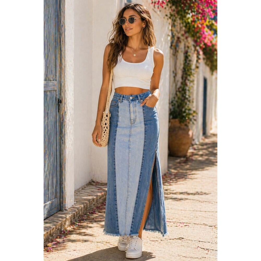 ZARA Patchwork Denim Frayed Maxi Skirt Size Small Split Hem
